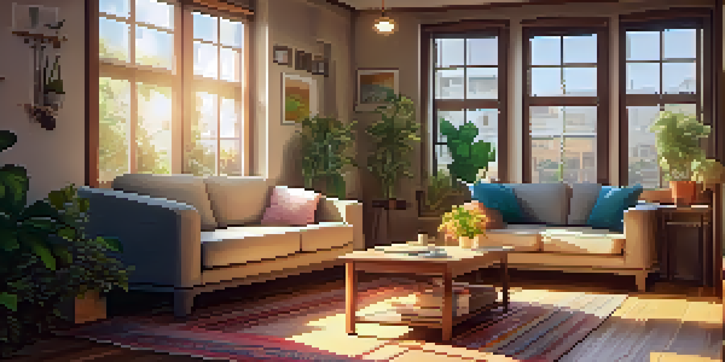 A warm and inviting living room with a table displaying a friendly message about rent payments, surrounded by plants and soft cushions.