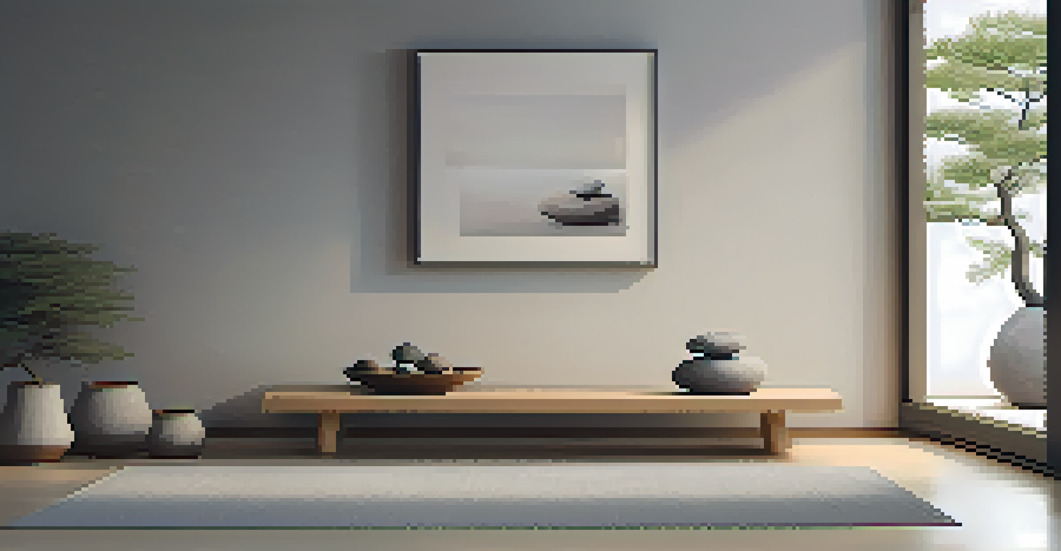 A minimalist indoor Zen space with a wooden bench, natural decor, and warm lighting.