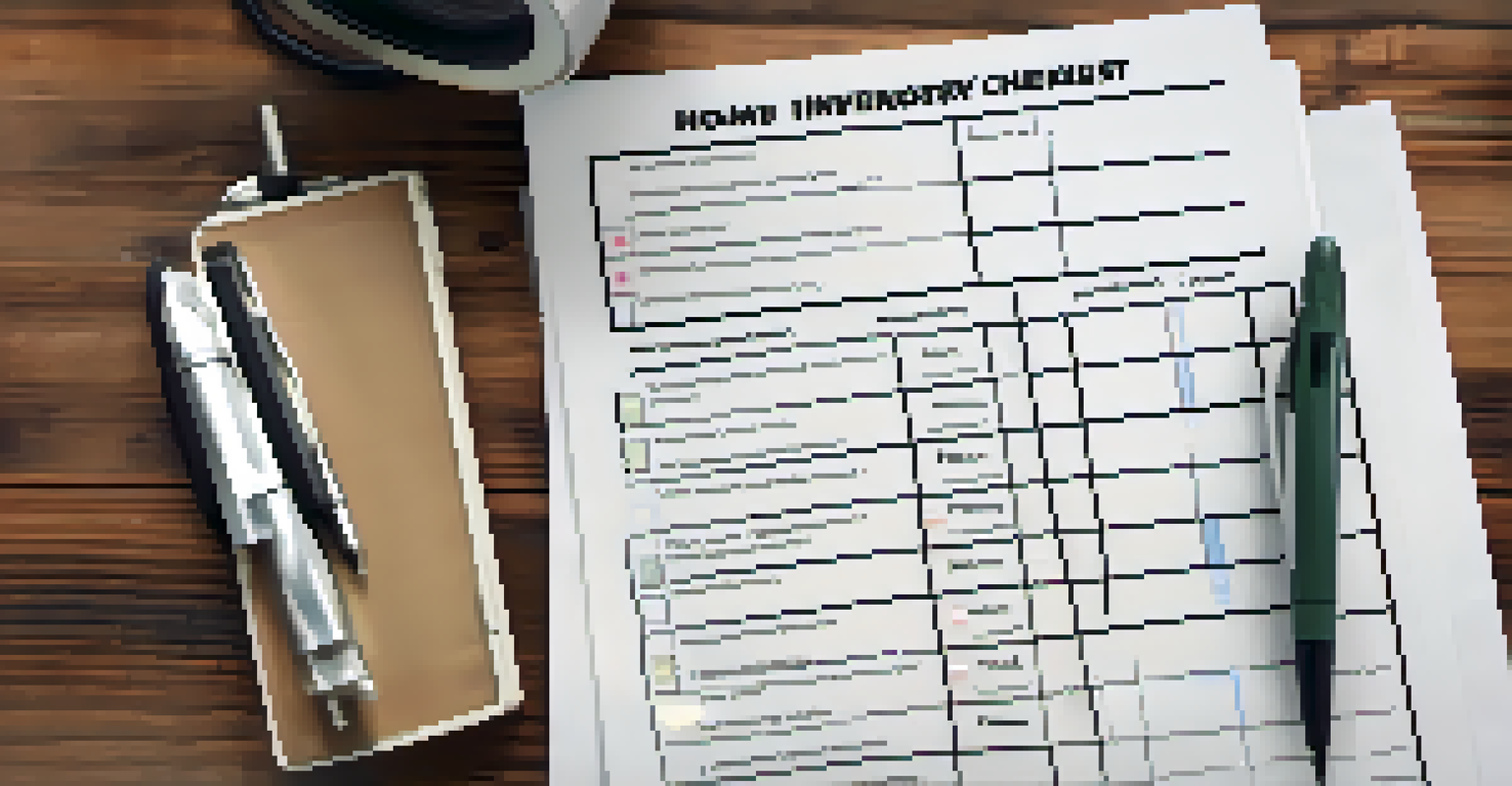 A close-up of a home inventory checklist with a camera and pen on a wooden table.