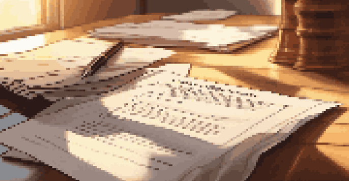 A close-up view of a contract document with highlighted sections, a pen beside it, on a wooden desk illuminated by warm sunlight.