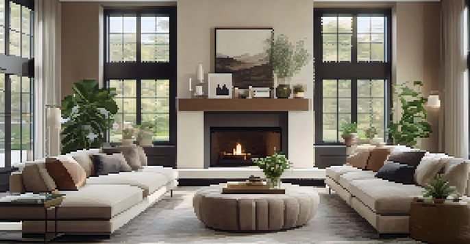 A bright and modern living room with large windows, elegant furniture, and a cozy fireplace, featuring a virtual tour interface.