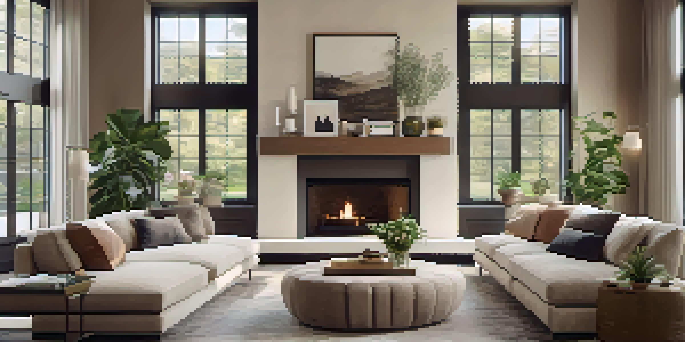 A bright and modern living room with large windows, elegant furniture, and a cozy fireplace, featuring a virtual tour interface.