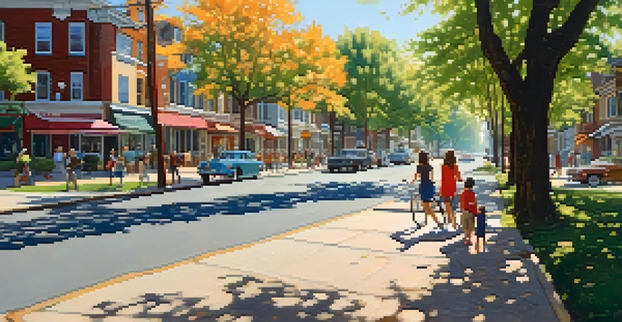 A busy neighborhood with a mix of architecture, families picnicking, and people walking dogs under sunny skies.