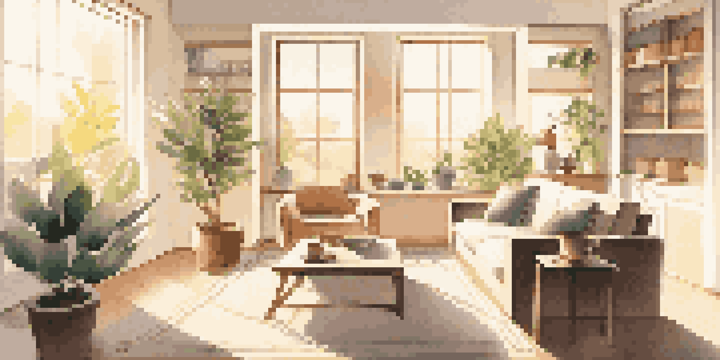 A bright and organized living room with sunlight coming through windows, featuring minimalist furniture and a small plant.