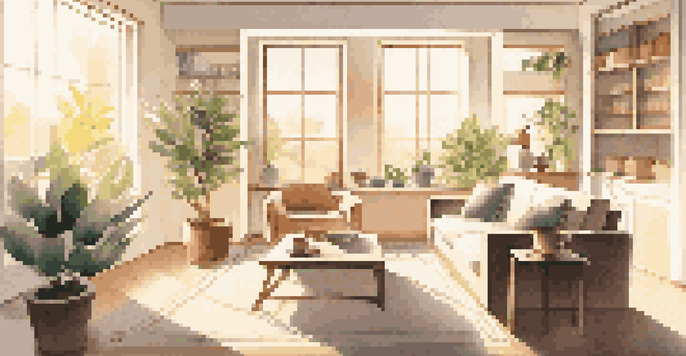 A bright and organized living room with sunlight coming through windows, featuring minimalist furniture and a small plant.