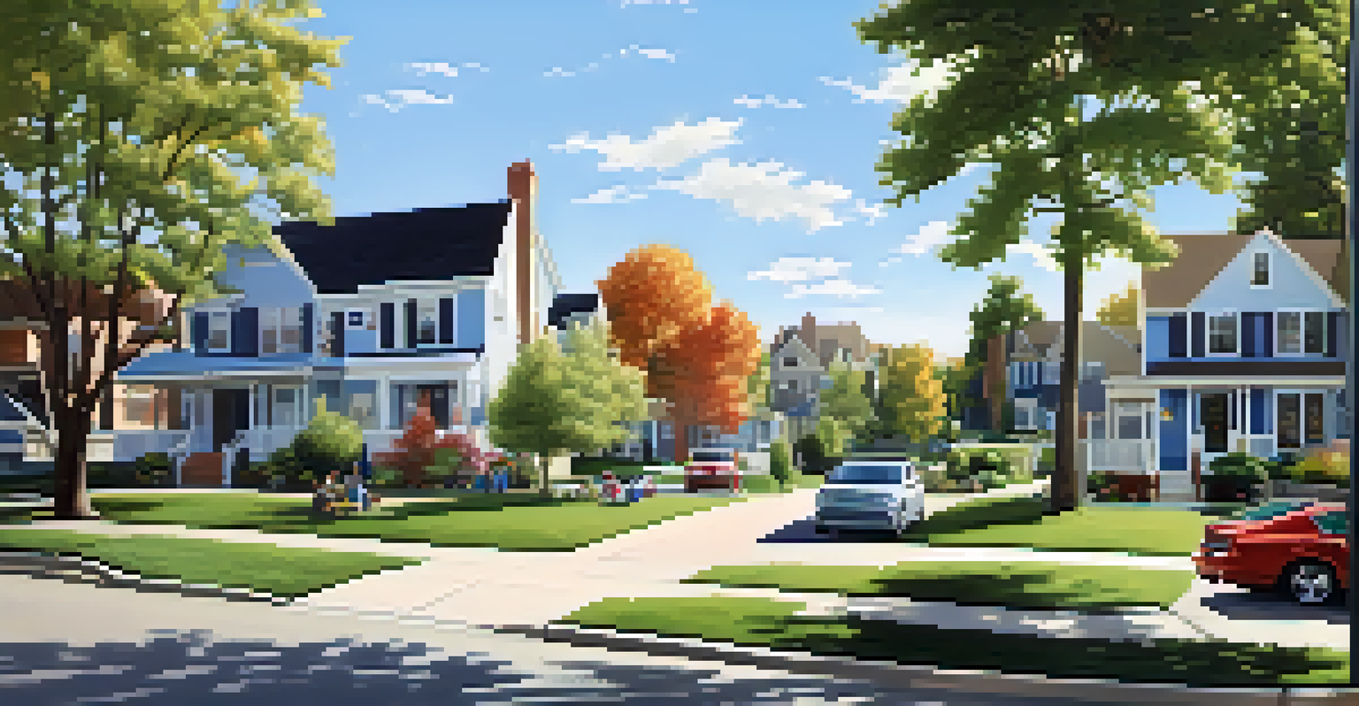 A serene suburban neighborhood with families in yards, spacious homes, and children playing under a clear blue sky.