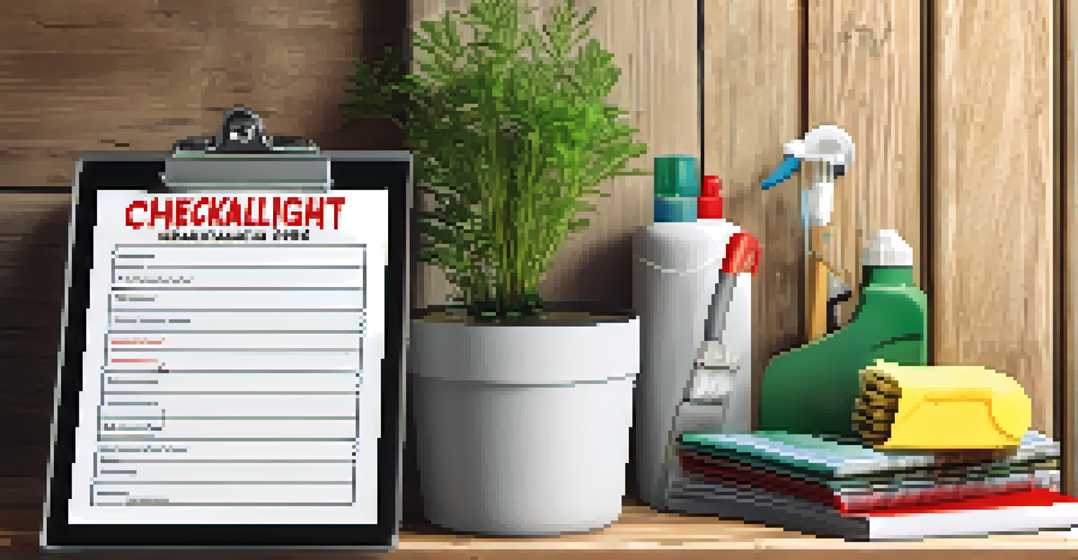 A seasonal home maintenance checklist on a clipboard with eco-friendly cleaning supplies and a potted plant on a wooden table.