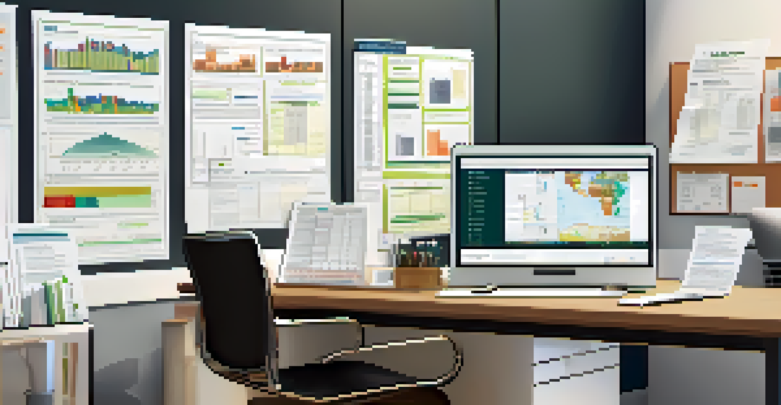 An organized office space showing charts and documents on housing regulations, with a laptop open on a desk and a bulletin board filled with reminders.