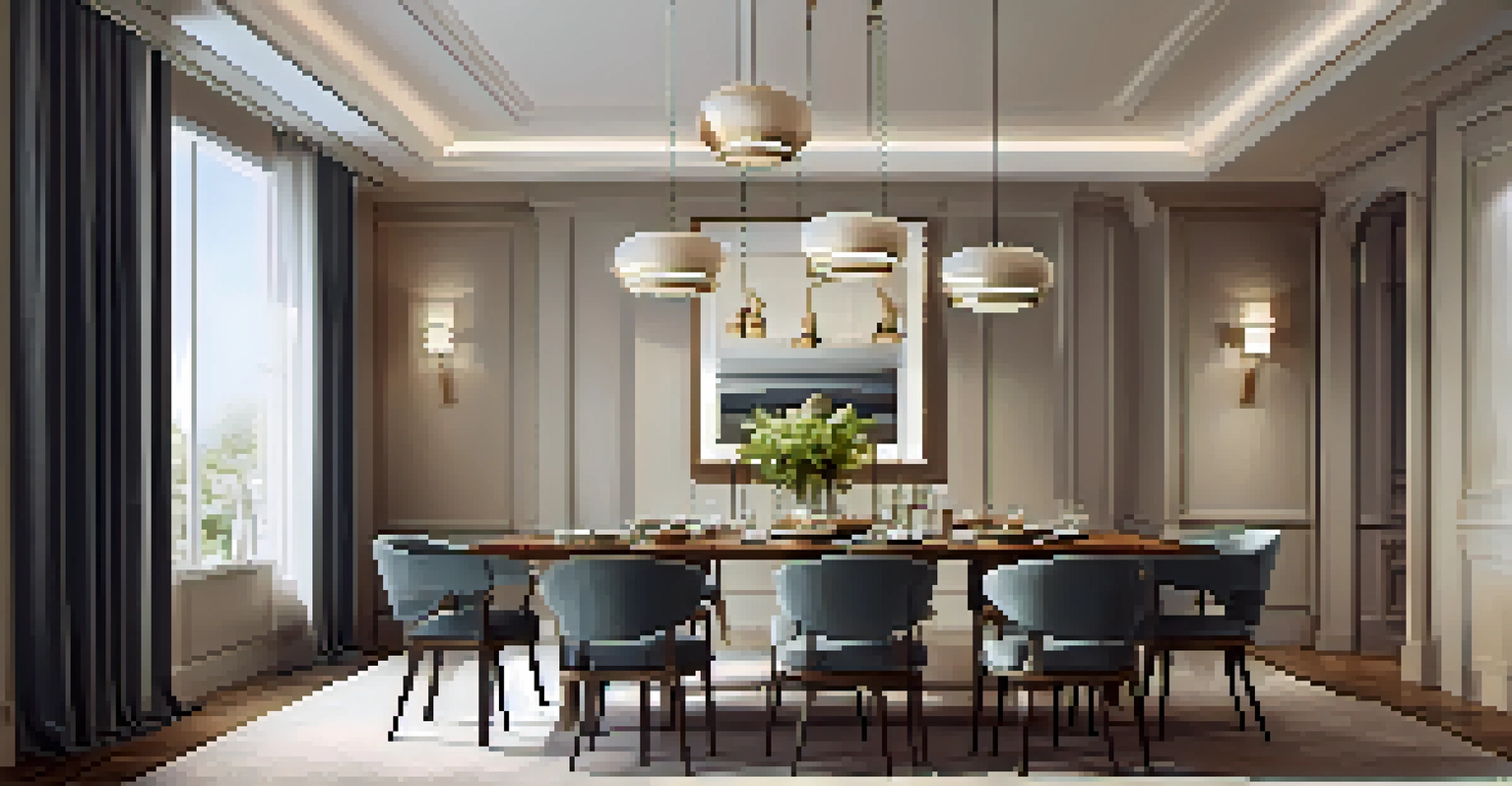 An elegant dining area with a wooden table and proportionate chairs, illuminated by soft pendant lights.