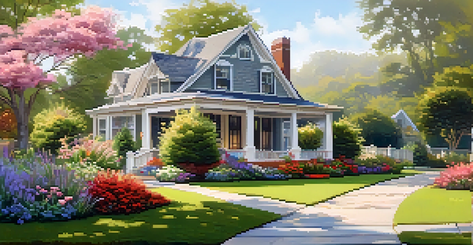 A vibrant front yard with native plants, a stone pathway, and a charming house in soft morning light.