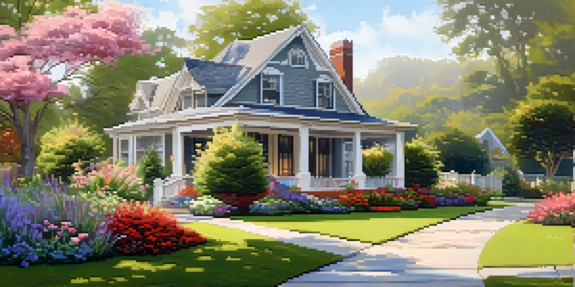 A vibrant front yard with native plants, a stone pathway, and a charming house in soft morning light.