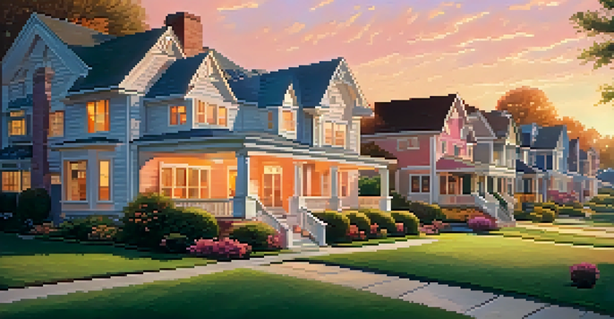 A peaceful suburban neighborhood at sunset with houses, lawns, and children playing.