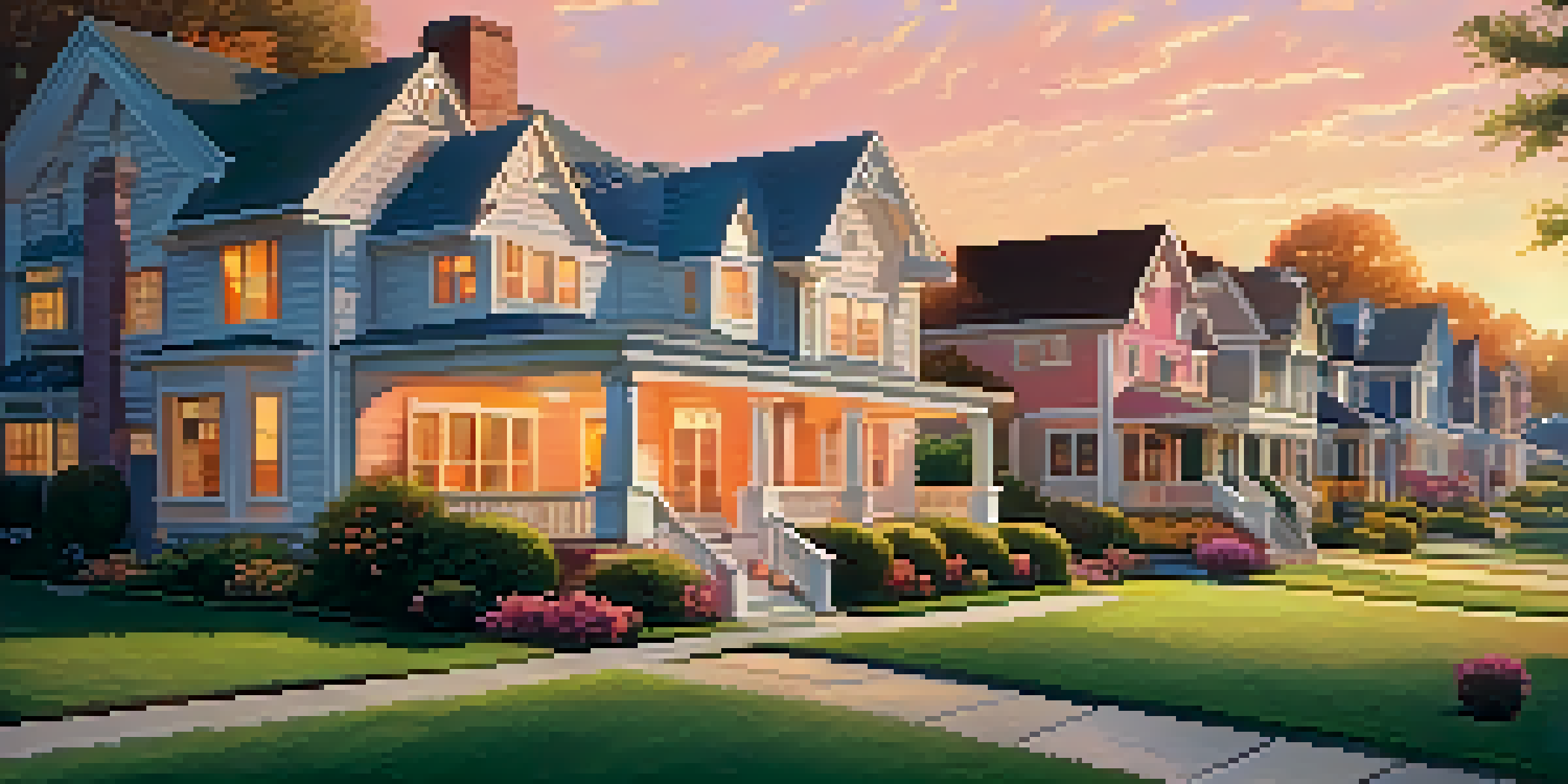 A peaceful suburban neighborhood at sunset with houses, lawns, and children playing.