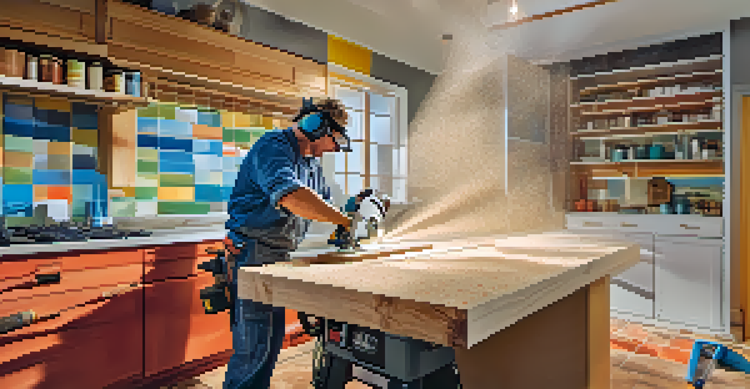 A person using a circular saw with safety gear in a vibrant kitchen renovation setting, highlighting the action of cutting wood.