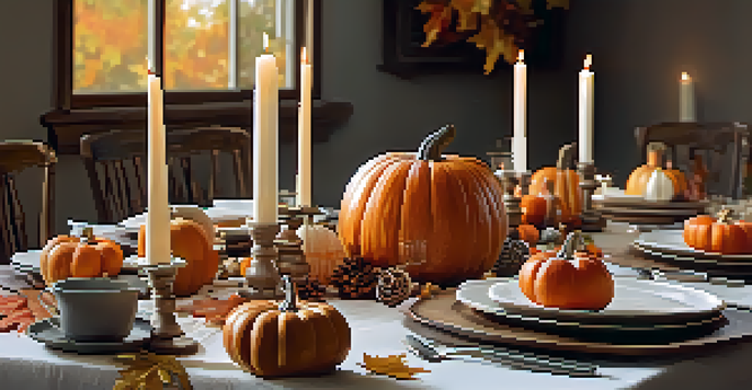 An autumn table setting with pumpkins and warm colors, illuminated by candles and fairy lights.