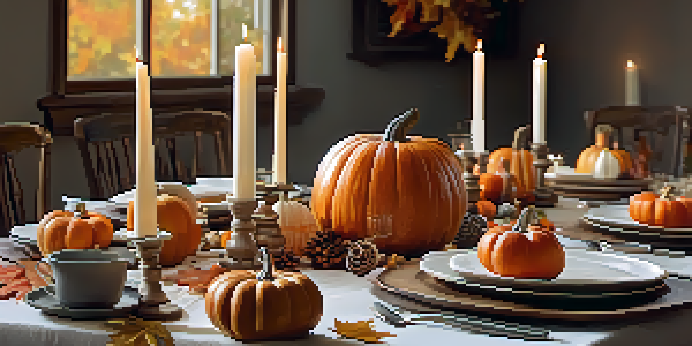 An autumn table setting with pumpkins and warm colors, illuminated by candles and fairy lights.