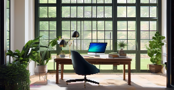 A warm and inviting home office with natural light, a wooden desk, a laptop, and green plants.