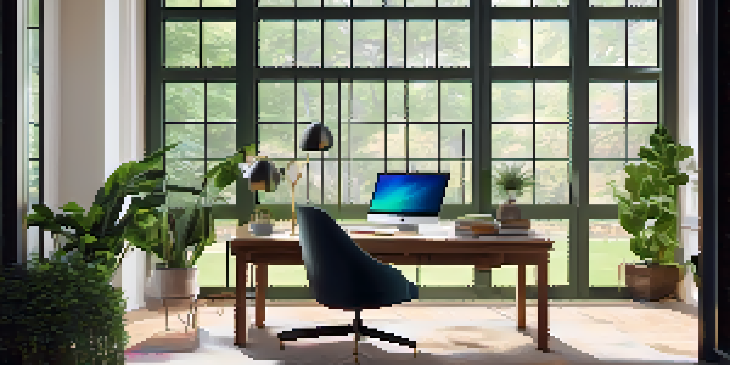 A warm and inviting home office with natural light, a wooden desk, a laptop, and green plants.