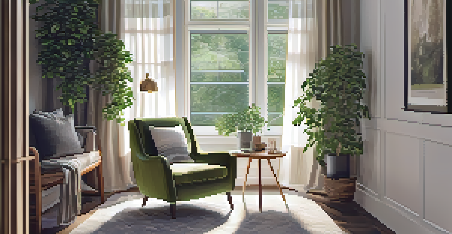 A cozy reading nook with an armchair, throw blanket, a side table with tea and books, surrounded by natural light and plants.