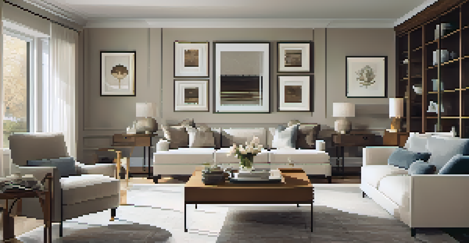 A modern living room with neutral colors and classic furnishings, filled with natural light and a cozy atmosphere.