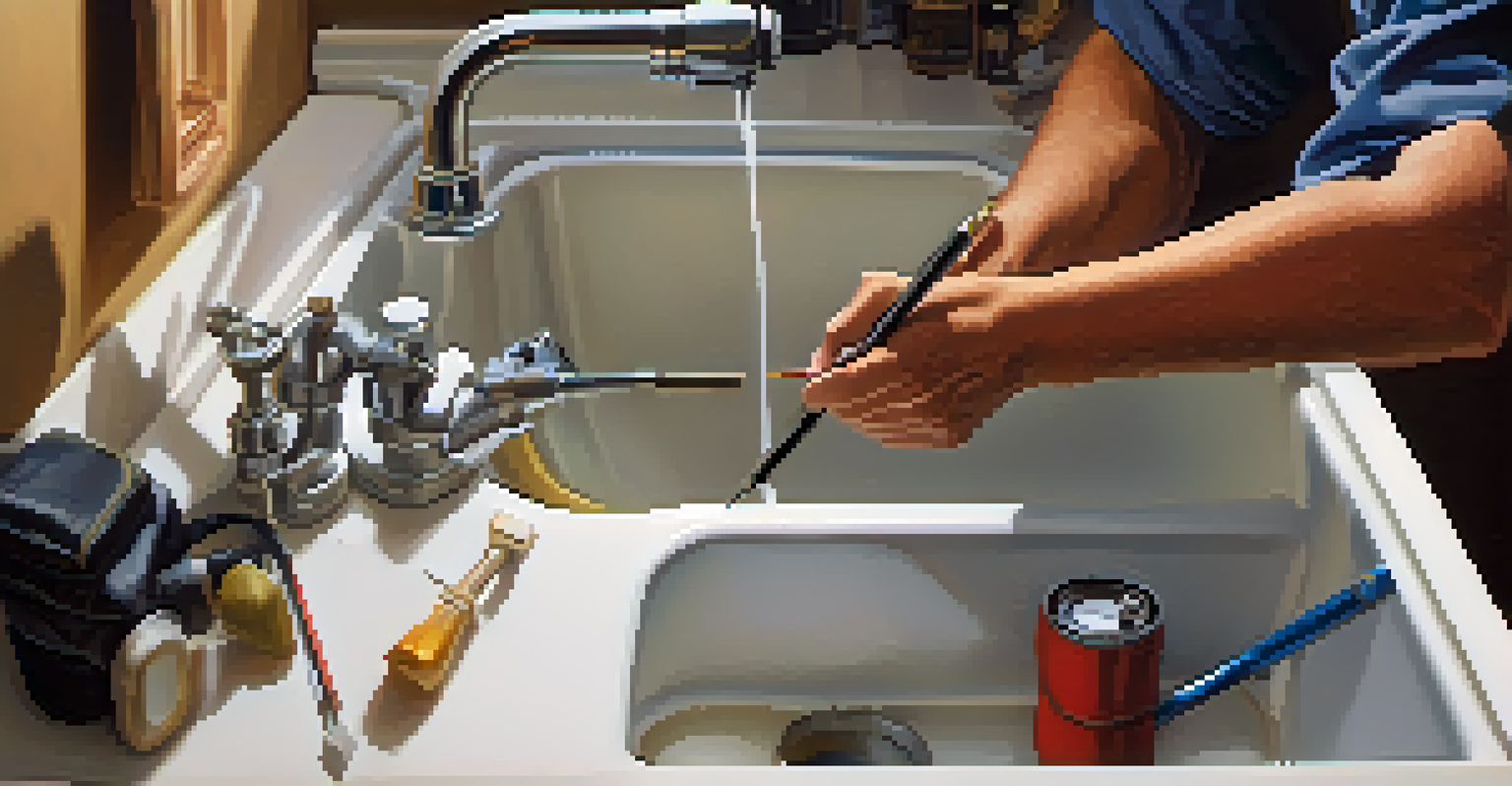 A home inspector checking plumbing under a sink with tools and a checklist nearby in a well-lit environment.