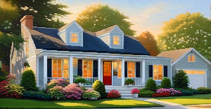 An inviting home exterior with a colorful front door and lush landscaping, illuminated by warm golden hour sunlight.