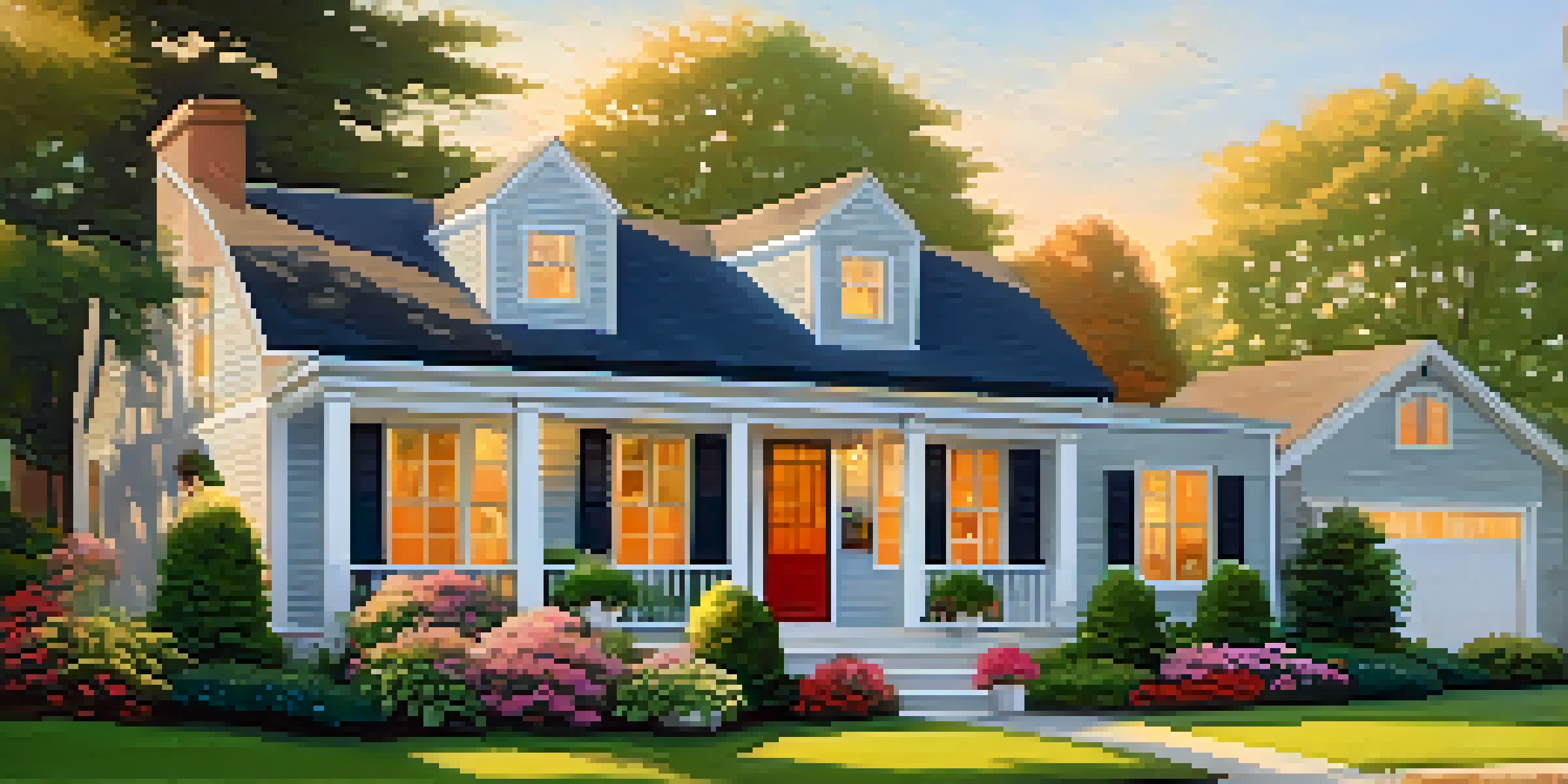An inviting home exterior with a colorful front door and lush landscaping, illuminated by warm golden hour sunlight.