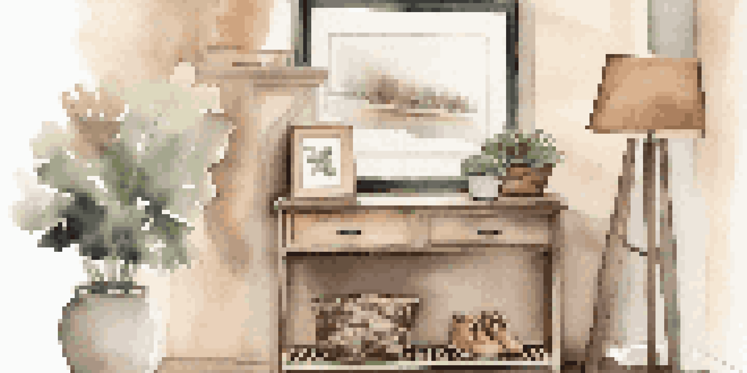 A welcoming entryway with a console table, a basket for shoes, and a wall coat rack, all bathed in warm lighting.