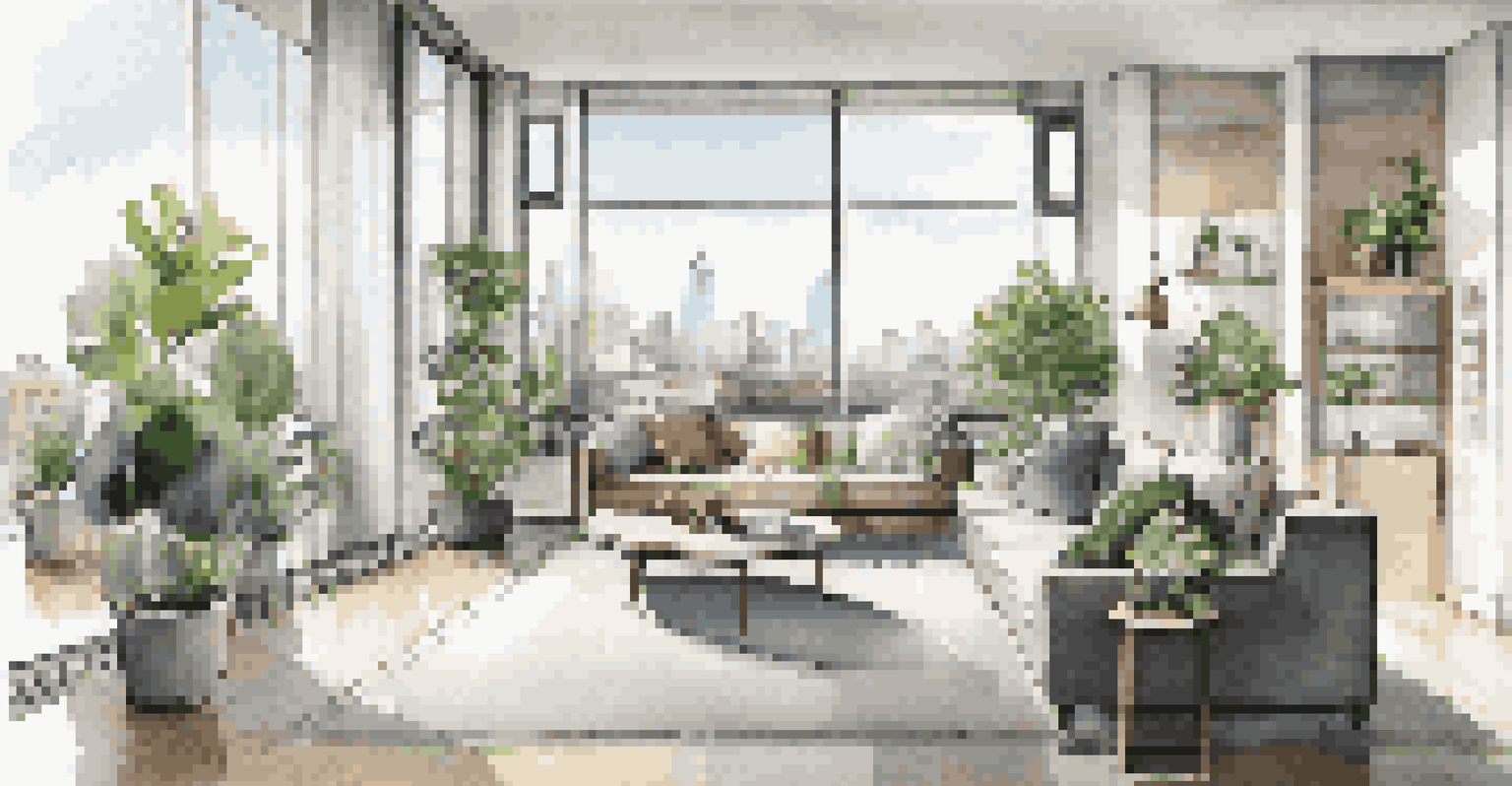 A modern urban apartment with an open concept layout, featuring a living area, workspace nook, and balcony with city views.
