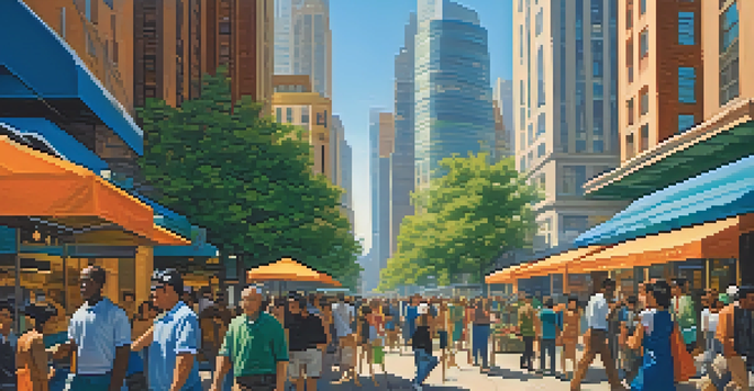 A vibrant urban scene showing diverse people engaged in daily activities against a backdrop of modern skyscrapers under bright sunlight.