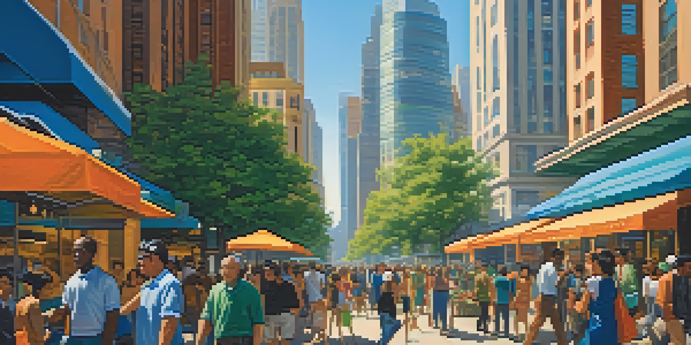 A vibrant urban scene showing diverse people engaged in daily activities against a backdrop of modern skyscrapers under bright sunlight.