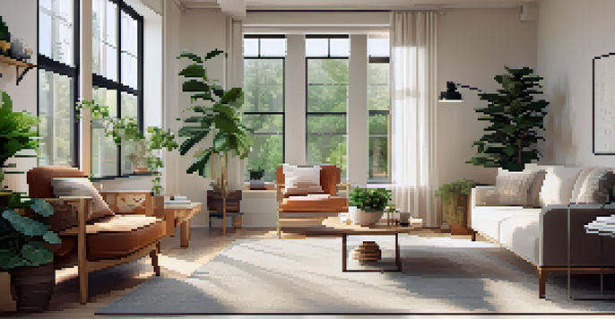 A cozy living room with a sofa, coffee table, and large window, decorated with plants and throw pillows, creating a tranquil atmosphere.