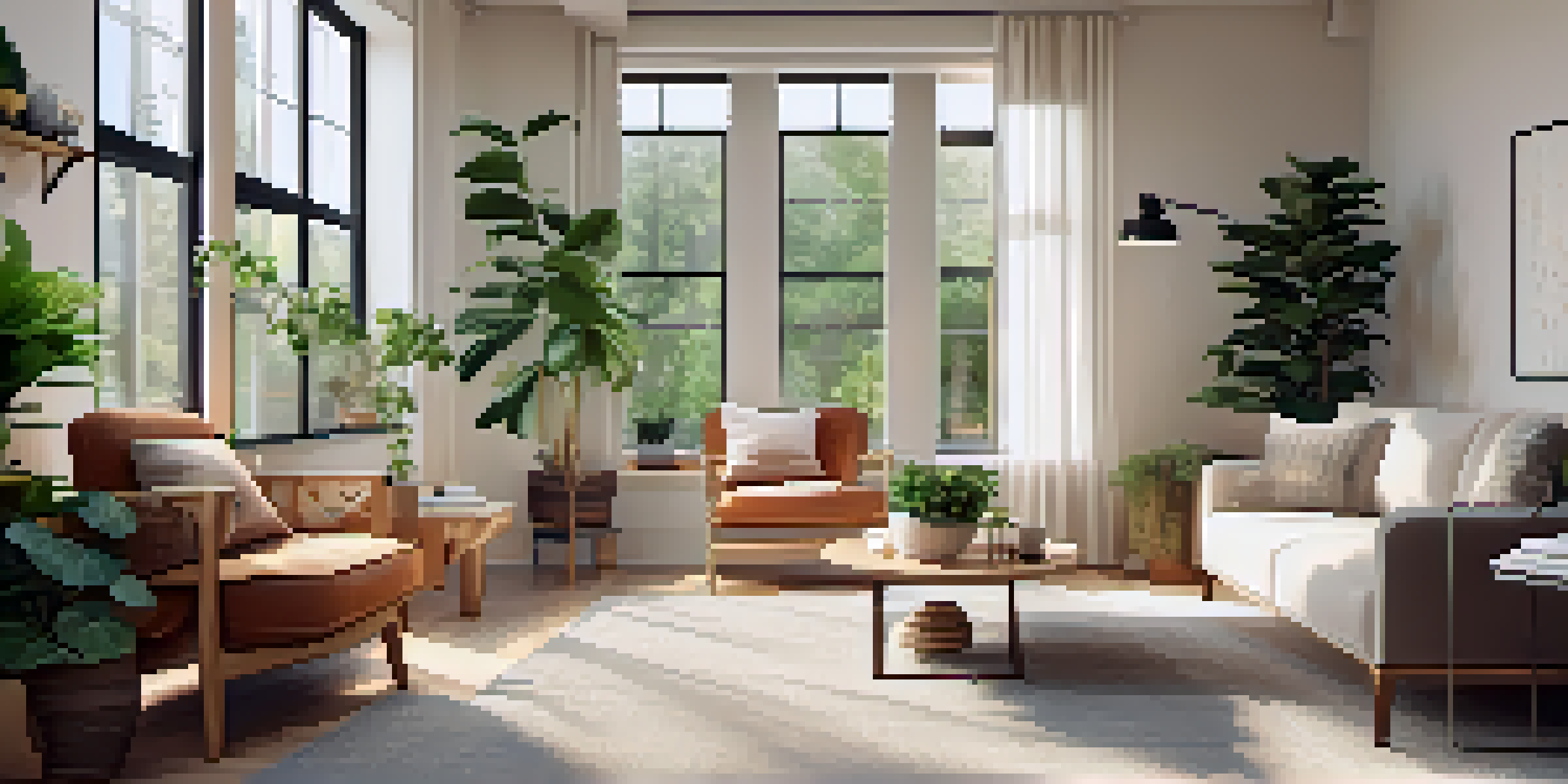 A cozy living room with a sofa, coffee table, and large window, decorated with plants and throw pillows, creating a tranquil atmosphere.