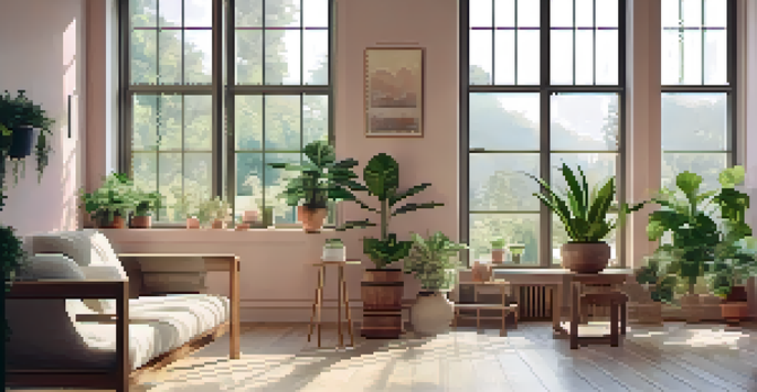 A bright and inviting interior room featuring eco-friendly painted walls in soft pastel colors, illuminated by natural light, with green plants and wooden furniture.