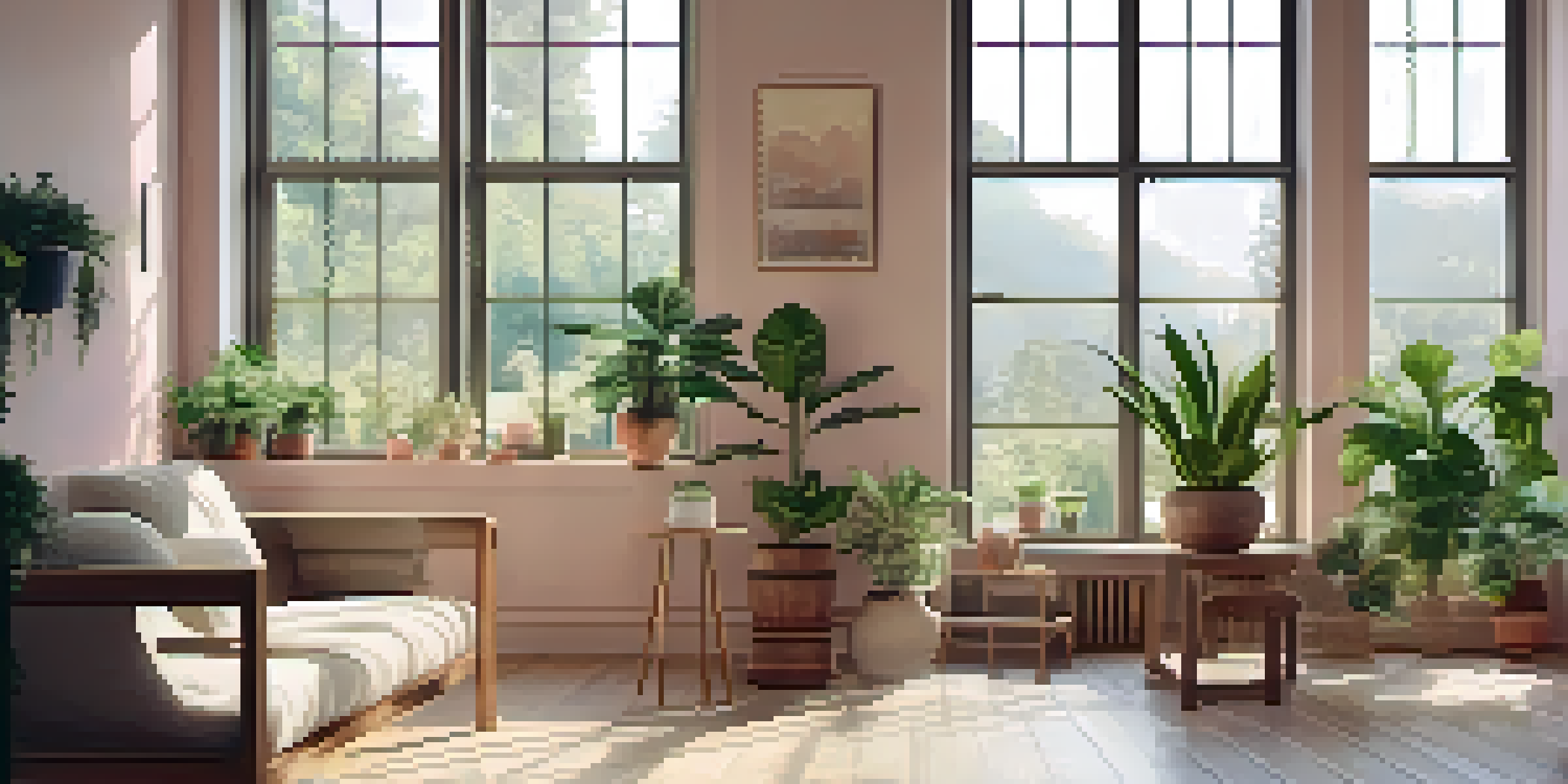 A bright and inviting interior room featuring eco-friendly painted walls in soft pastel colors, illuminated by natural light, with green plants and wooden furniture.