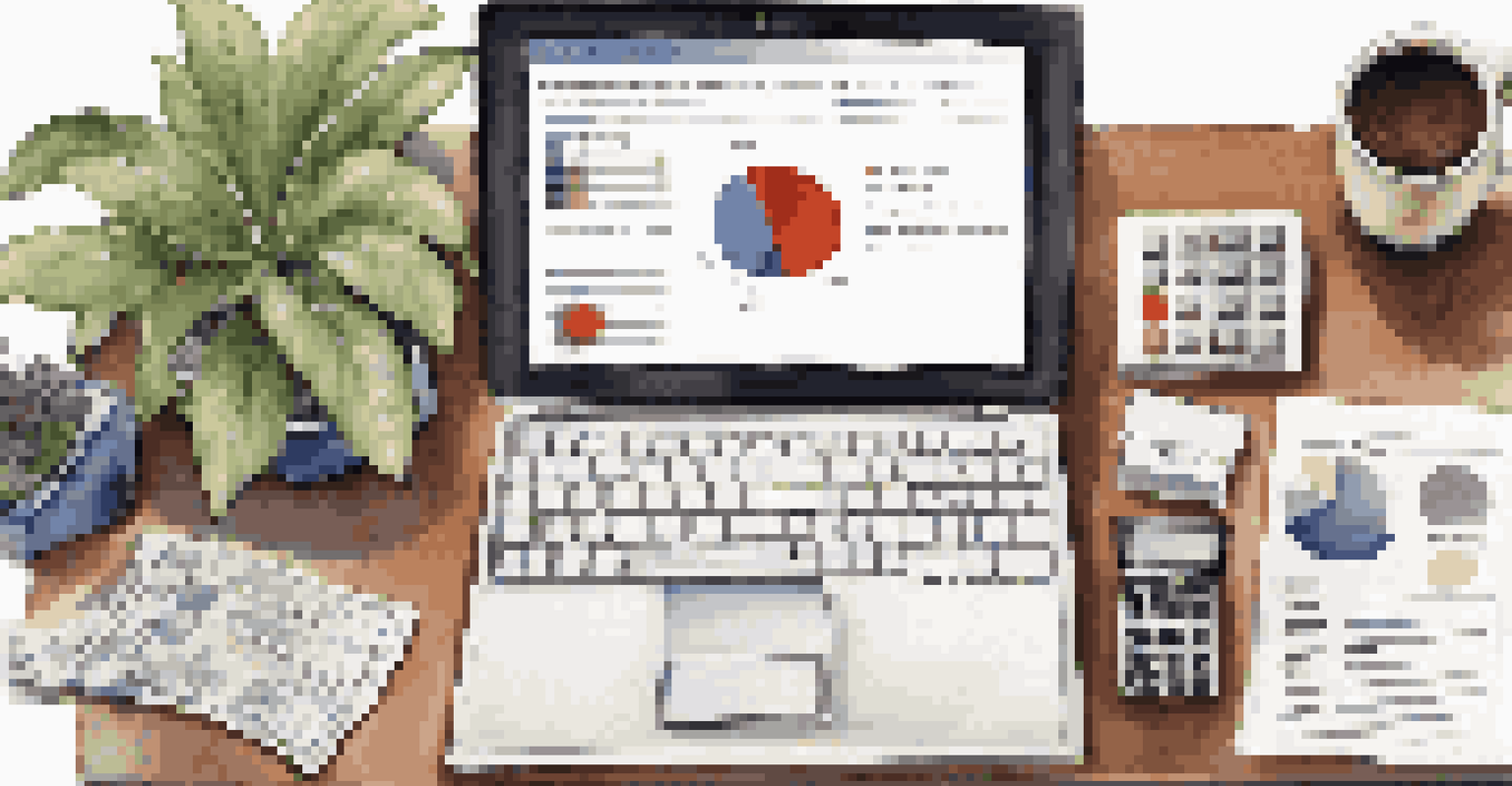 An overhead view of a workspace with a laptop showing real estate market analysis and appraisal reports.