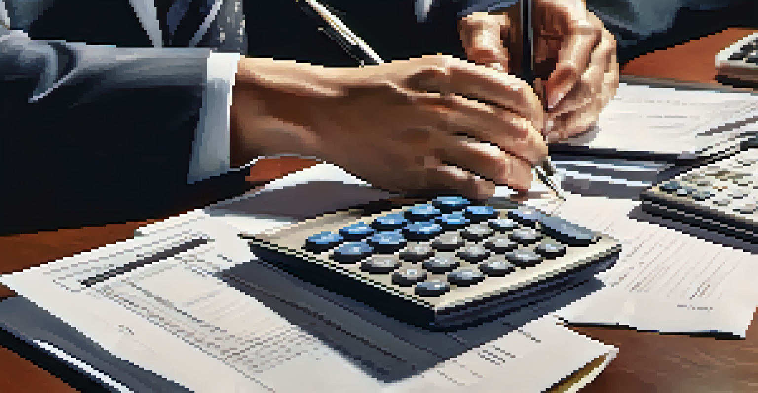 A close-up of hands organizing financial documents with a calculator and notepad on a table.