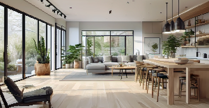 A spacious open floor plan showcasing a living area that merges with the kitchen and dining space, filled with natural light and minimalist decor.