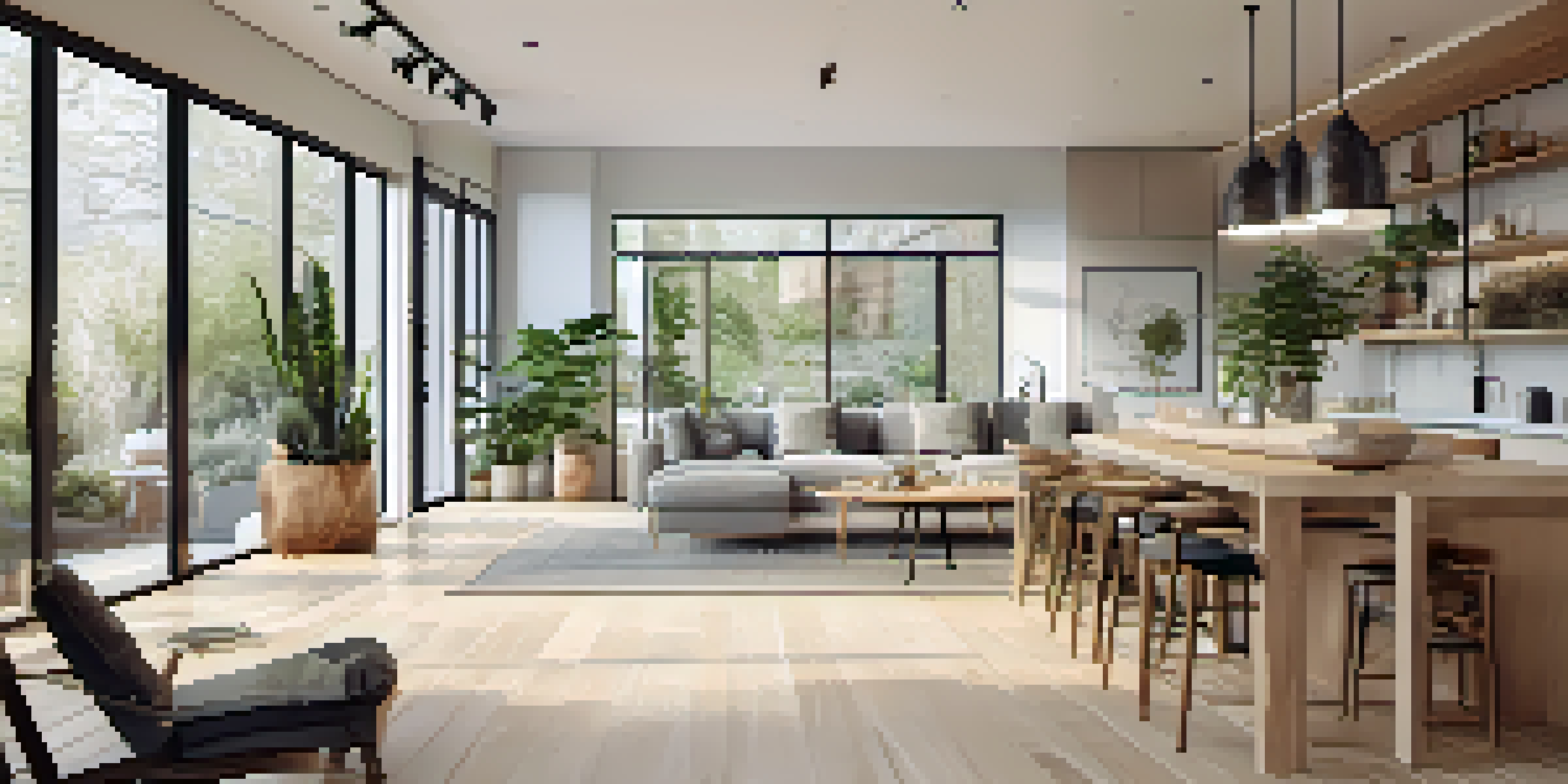 A spacious open floor plan showcasing a living area that merges with the kitchen and dining space, filled with natural light and minimalist decor.