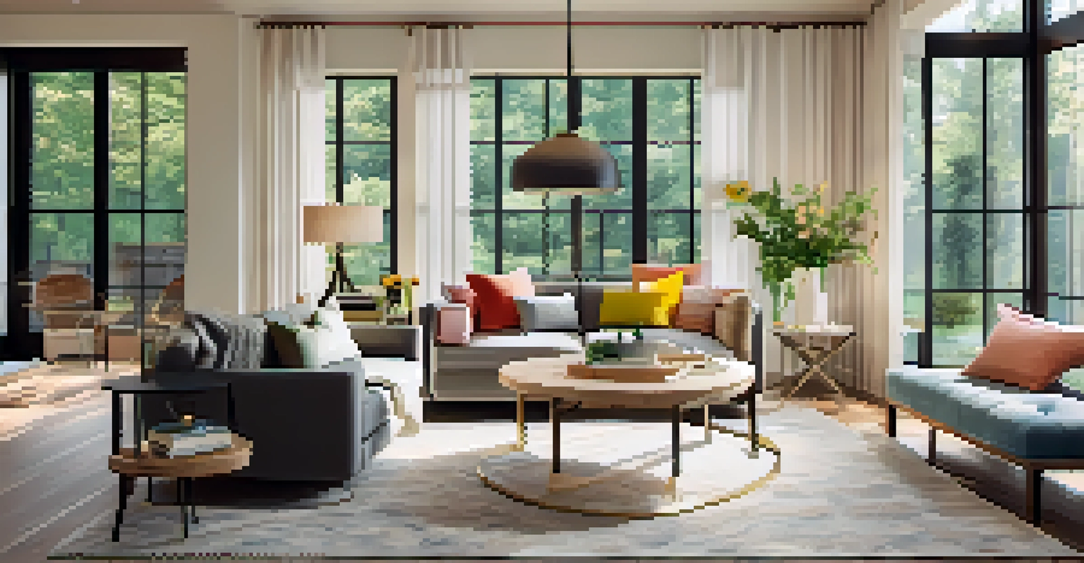 A renovated living room with large windows, wooden floors, a comfortable sofa, and elegant lighting.