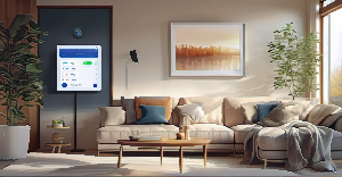 A contemporary living room with a smart thermostat on the wall and a smartphone showing temperature settings.