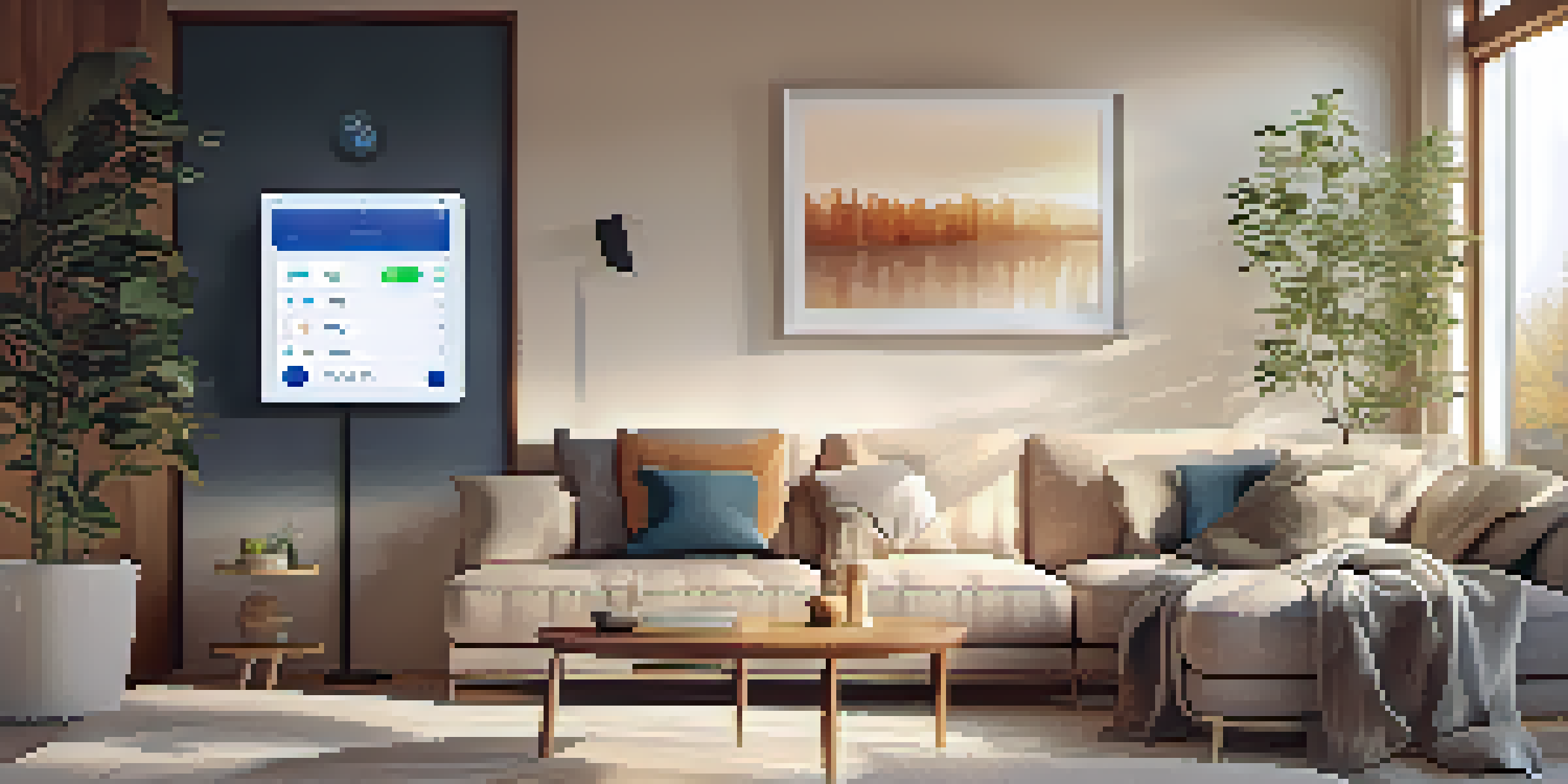 A contemporary living room with a smart thermostat on the wall and a smartphone showing temperature settings.