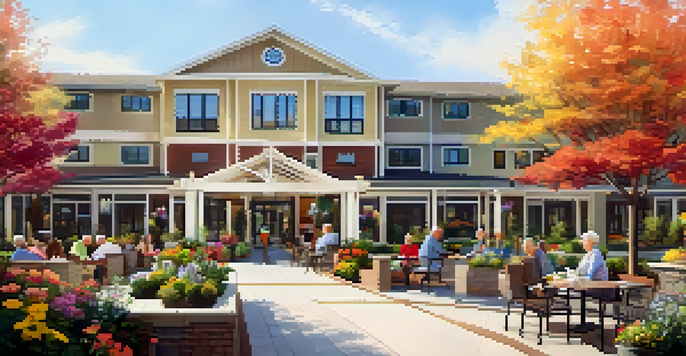 A vibrant senior living community with seniors gardening and socializing in a beautifully landscaped garden.