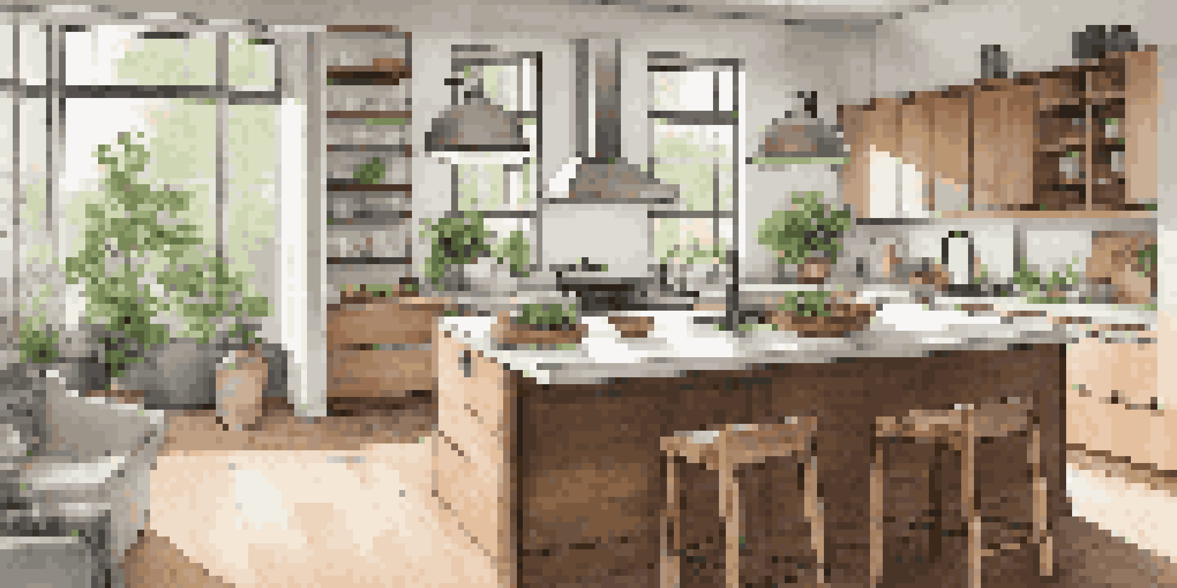 A modern kitchen with sleek countertops, stainless steel appliances, and large windows allowing natural light to fill the space.