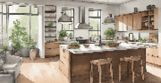 A modern kitchen with sleek countertops, stainless steel appliances, and large windows allowing natural light to fill the space.