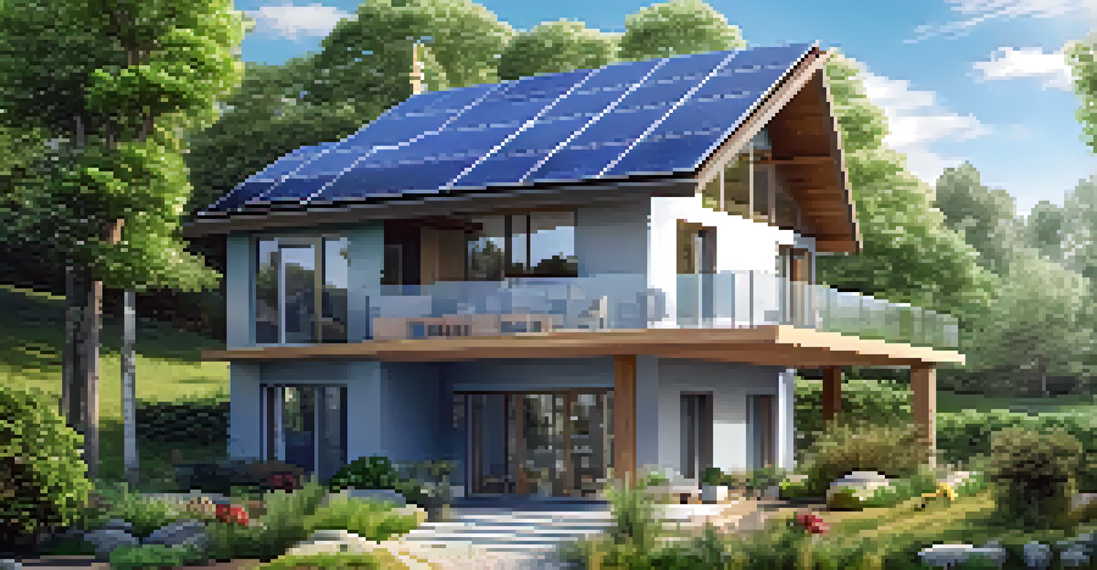 An eco-friendly house with solar panels and a vegetable garden, surrounded by greenery under a blue sky.