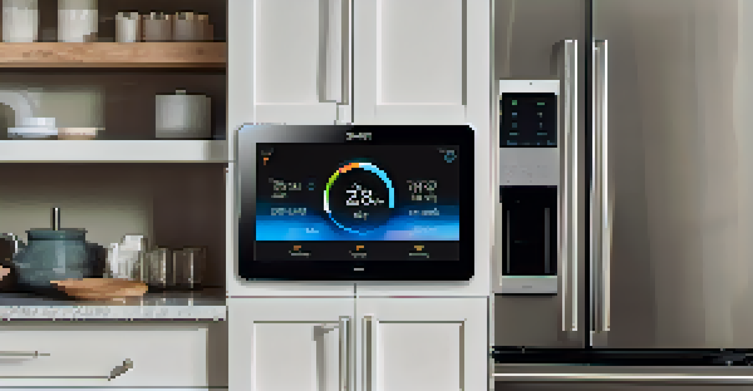 Close-up of a smart thermostat interface in a modern kitchen, showcasing energy usage and temperature settings.
