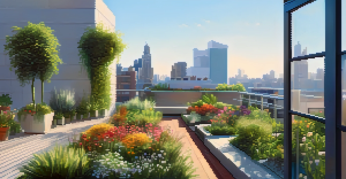 An urban rooftop garden with green plants and colorful flowers under a clear blue sky, demonstrating green roofs as sound barriers.