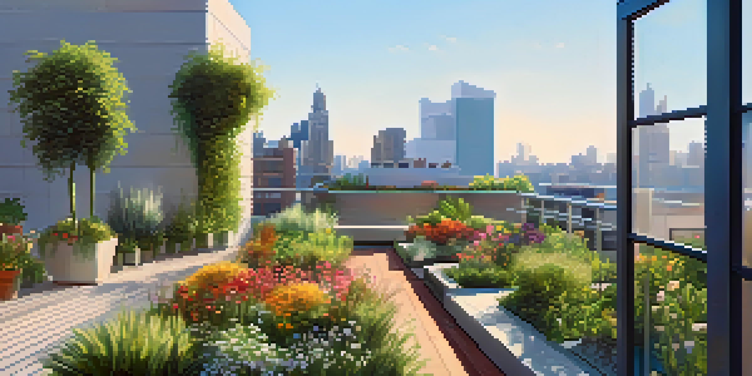 An urban rooftop garden with green plants and colorful flowers under a clear blue sky, demonstrating green roofs as sound barriers.
