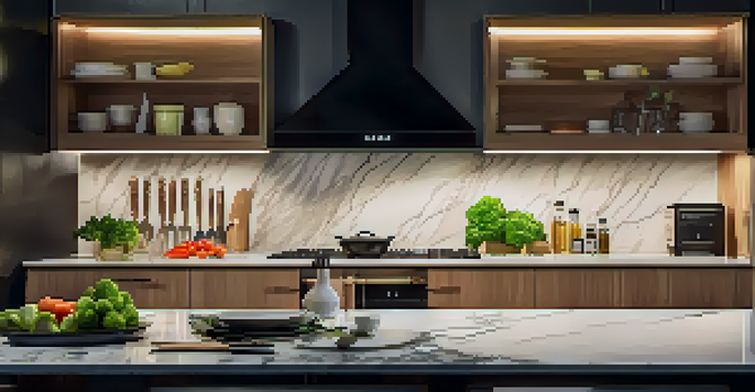 A kitchen with LED strip lights under the cabinets, creating a warm atmosphere with vegetables on the countertop.